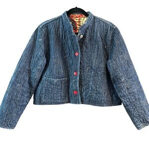 Reversible Quilted Denim/Floral Print Cropped Jean Jacket